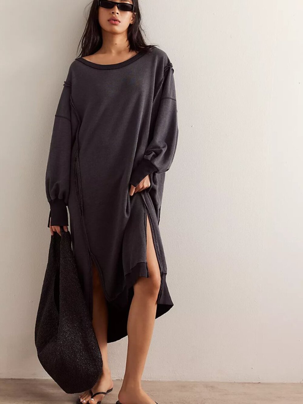 NEW FREE PEOPLE We The Free Camden Maxi Sweatshirt Dress in Black Size XL